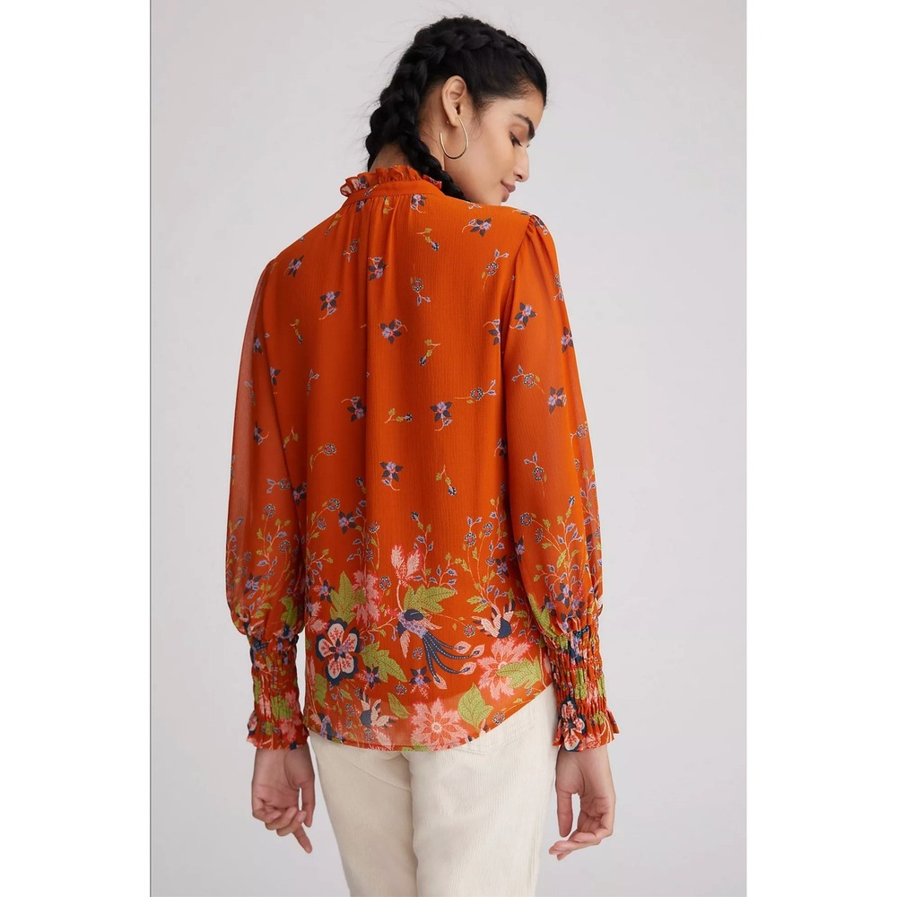 Anthropologie Womens XS Blouse Floral Chiffon Bird Print Ruffle Neck Smocked - Picture 3 of 11